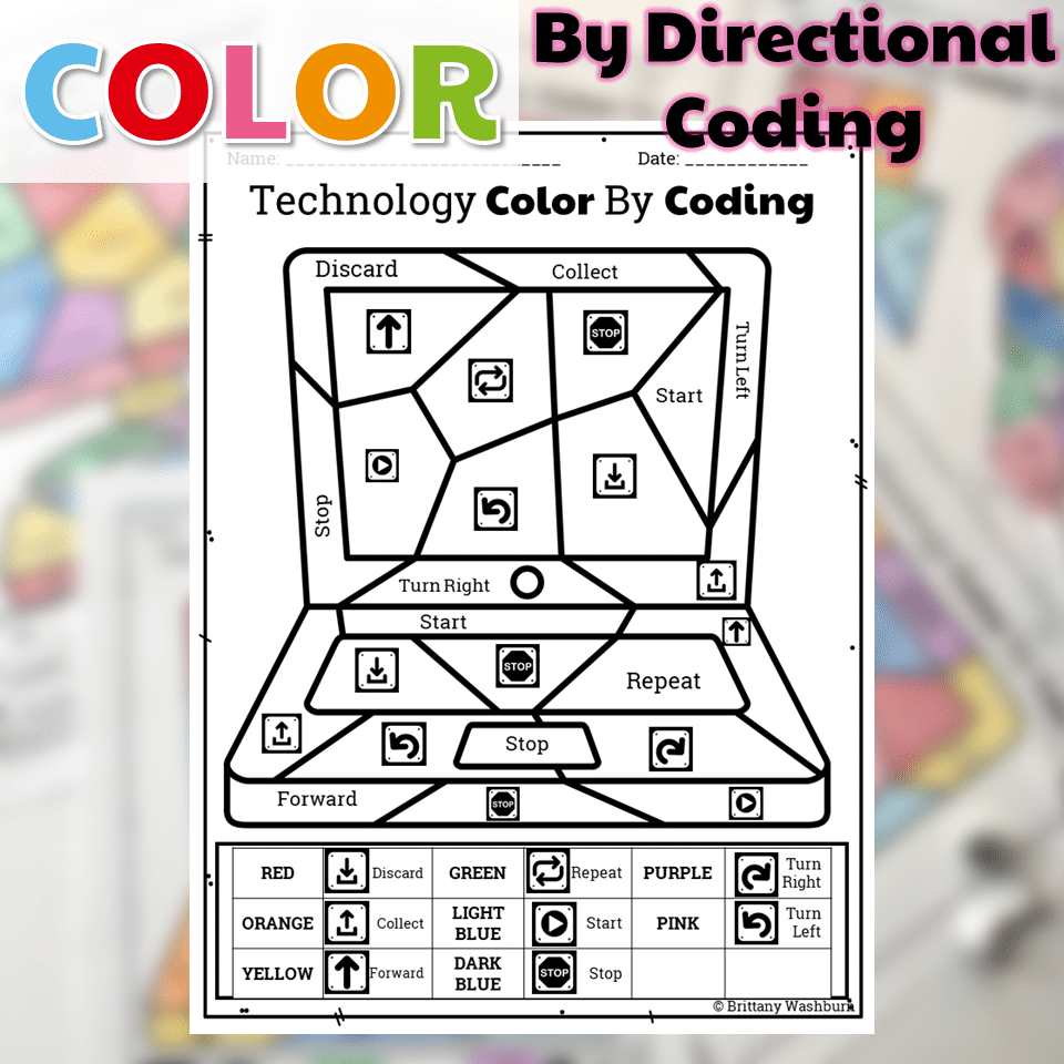 technology color by directional coding icons printables technology curriculum